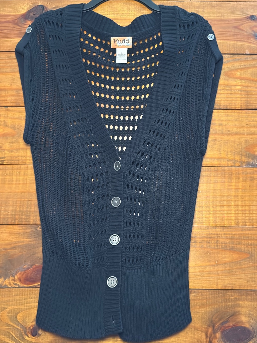 Mudd Black Open-Knit Button Front Short Sleeve Sweater Vest